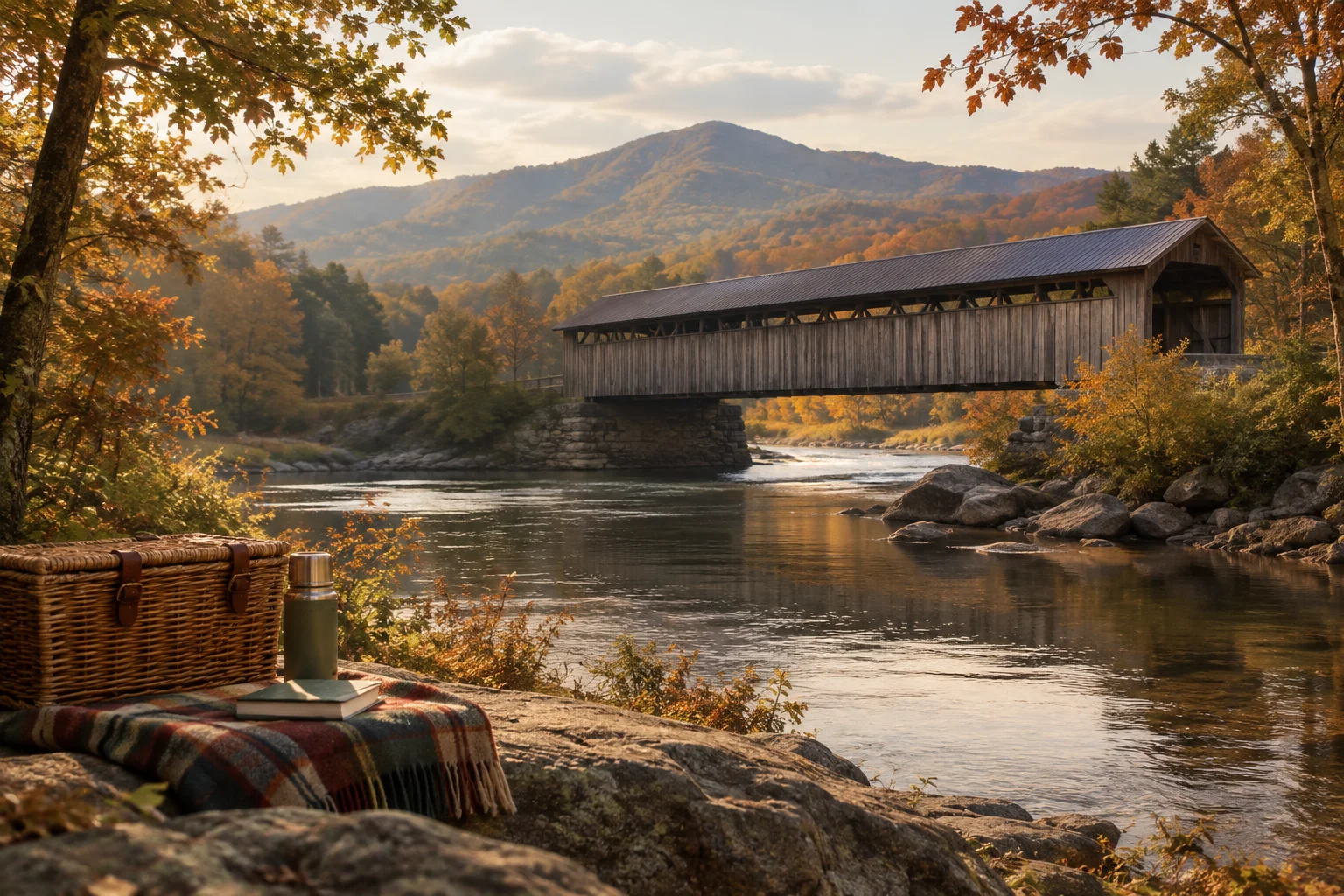 Atmospheric illustration of a covered wooden bridge beside a river, with autumn trees and a picnic bag in the foreground.